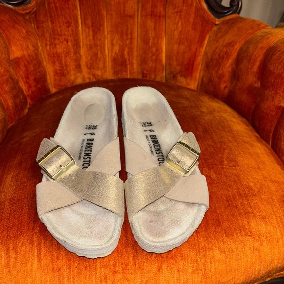 Birkenstock Sandals Womens 7.5 Siena Gold Metallic Tan  Buckle Cross Strap 38​ - Picture 4 of 10